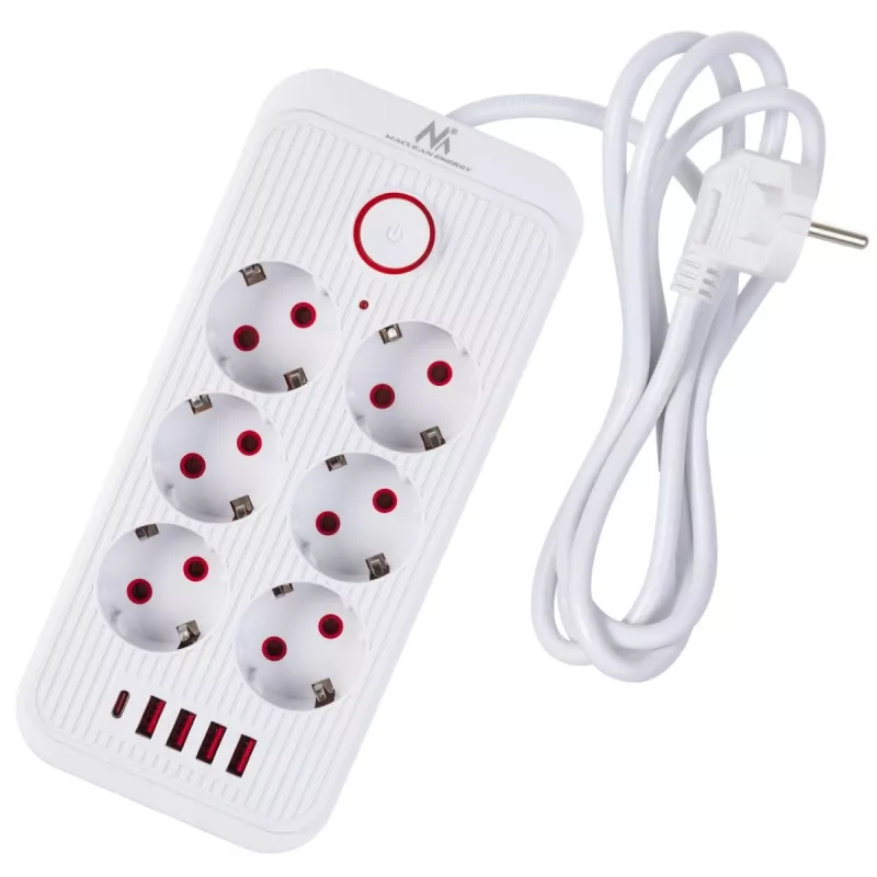 Steckdosenleiste MACLEAN MCE389 W — 6 Steckdosen, 4×USB-A, 1×USB-C, 2500W, 110–240V, 1,5 m Kabel, weiß