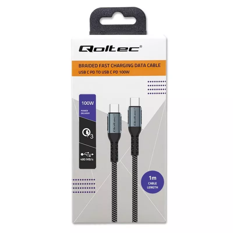 Qoltec Kabel USB 2.0 Typ C auf USB 2.0 Typ C 100W QC 3.0 PD 1m Schwarz