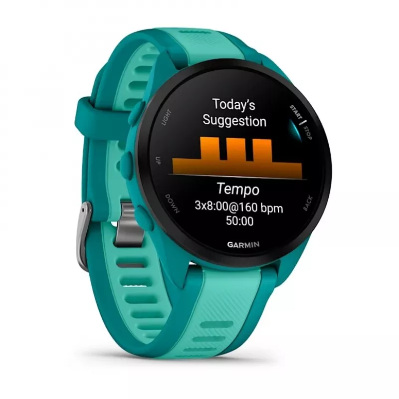 Smartwatch GARMIN Forerunner 165 Music — 43 mm Polymergehäuse, 1,2 Zoll AMOLED, 4 GB, GPS/GLONASS/Galileo, 5 ATM