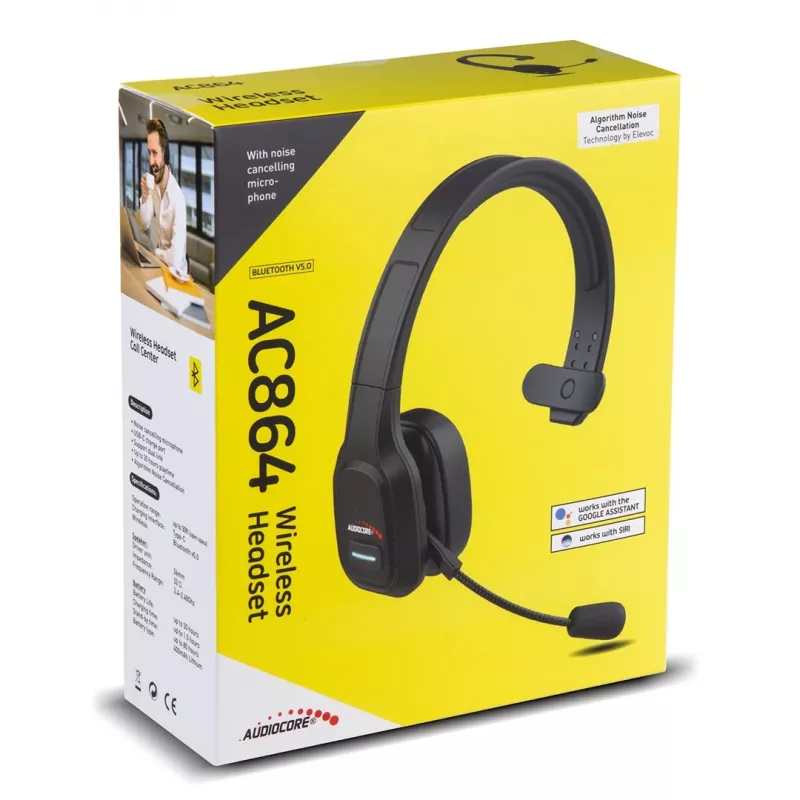 Audiocore 74452 Bluetooth-Headset Kopfhörer Geräuschunterdrückung Mikrofon Call Center Google Siri Büro kabellos