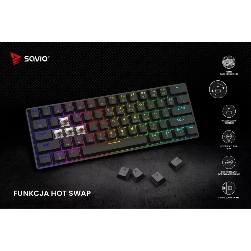 Mechanische Gaming-Tastatur SAVIO SchwarzOUT X2 BROWN 61-Tasten 60% USB QWERTY RGB Outemu Brown
