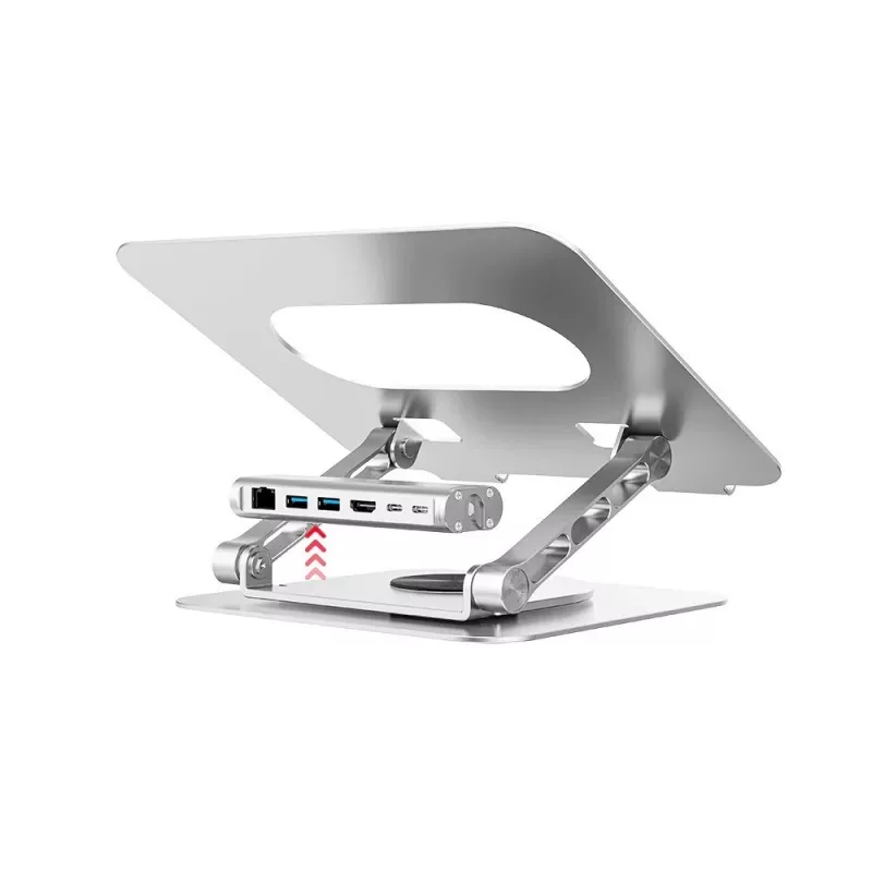 Laptopständer Unitek D1109B01 — verstellbarer Aluminiumständer mit abnehmbarem USB‑C HDMI 4K PD 100W, 2x USB‑A, RJ‑45, für bis zu 17 Zoll