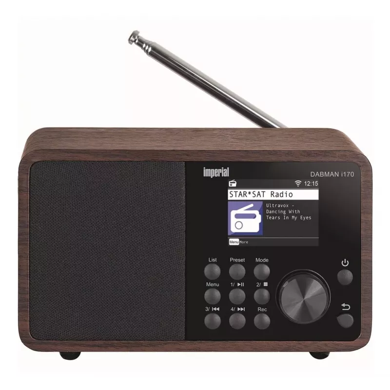 Tragbares DAB+ Radio Imperial DABMAN i170 — FM/DAB+ Tuner, 10 W RMS, 6,1 cm (2,4 Zoll) Display, 3,5 mm, USB-A, schwarz/holzfarben