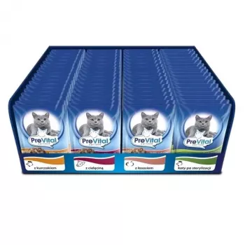 Nassfutter für Katzen PREVITAL Cat Food Mix 4 Sorten — Huhn, Kalb, Lachs, Geflügel, 96 x 100 g Beutel (9,6 kg, adult)