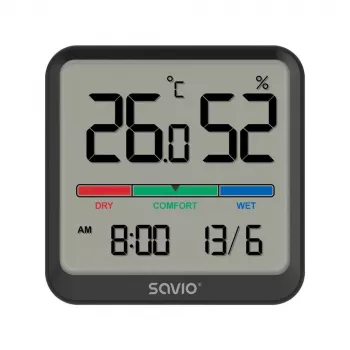 Innenraum-Temperatur- und Feuchtigkeitssensor SAVIO CT-01/B freistehend, LCD, -10–55 °C, 10–99 % rF, CR2032