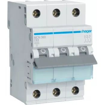 Hager MCN363. Nennstrom: 63 A. Typ: C-Charakteristik, Modulanzahl (max): 3 Module. Breite: 52,5 mm, Tiefe: 70 mm, Höhe: 83 mm (MCN363)