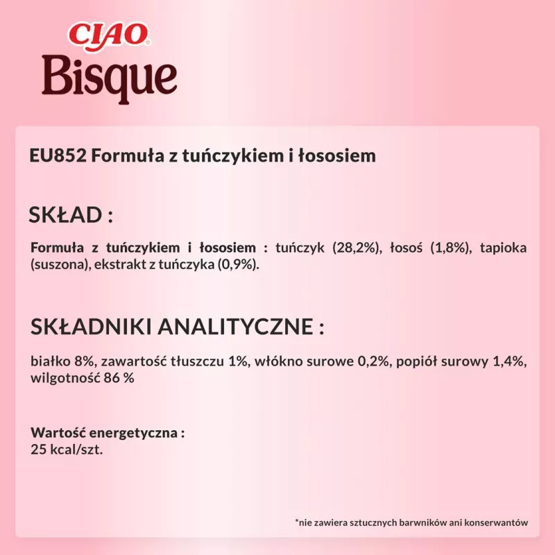Nasses Katzenleckerli INABA Ciao Bisque Thunfisch mit Lachs 40 g — flüssiges Sachet mit Fischgeschmack, 86 % Feuchtigkeit, 8 % Protein