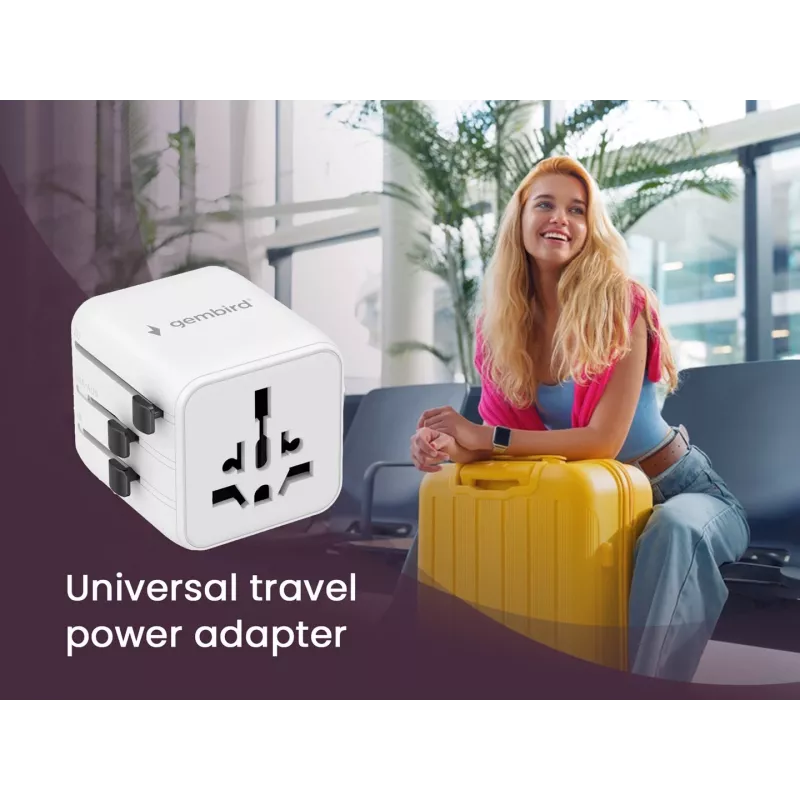 Universeller Reiseadapter GEMBIRD TPA-INT-01-W — Eingang 100–250 V, Typ-G-Stecker, kompakte Abmessungen 84×56×85 mm