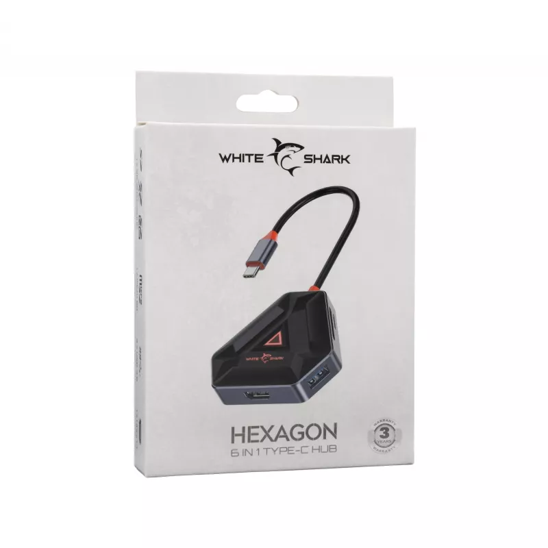 USB-C-Hub SBOX HEXAGON 6-in-1 mit HDMI und Ethernet, Typ-C weiß