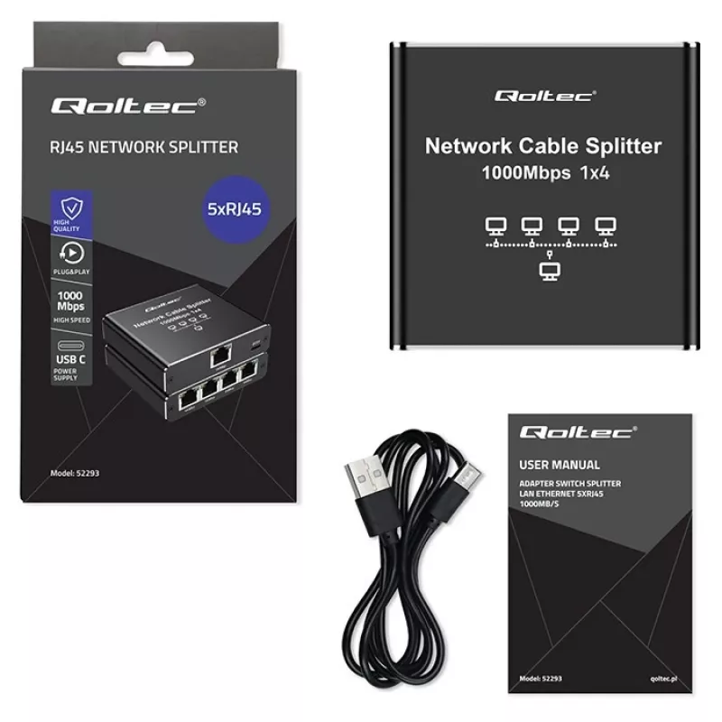 Ethernet Mini Switch QOLTEC 52293 1x4 RJ45, unmanaged Netzwerk-Splitter 1-in 4-out