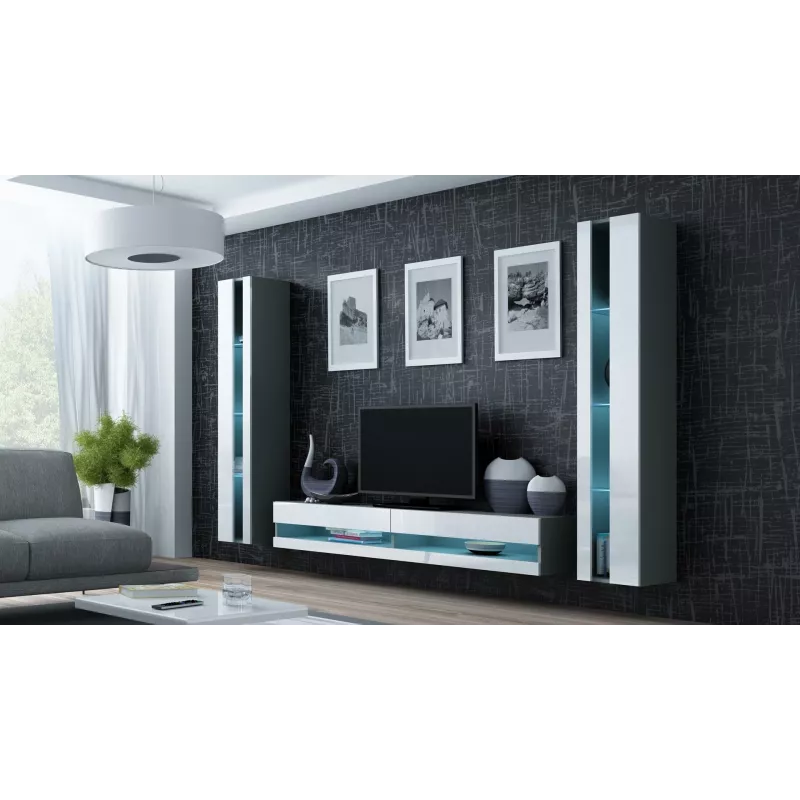 TV-Ständer Cama Meble VIGO NEW 30/140/40 — 1400×400×300 mm, graue Oberseite, Spanplatte, grauer Rahmen, weiße Hochglanzfronten