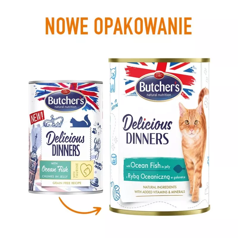 Nassfutter für Katzen butcher's Delicious Dinners Ocean Fish Chunks in Gelee 400 g, Fischgeschmack, Senior, Dose