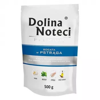 Nassfutter dolina noteci Premium Reich an Forelle 500 g — Alleinfuttermittel für ausgewachsene Hunde, 79% Feuchtigkeit, 11% Protein, 5% Fett