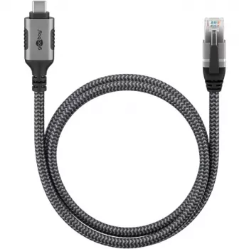 Ethernet-Kabel USB-C 3.2 Gen2 Stecker > RJ-45 Stecker, LAN-Adapter schwarz/Silber, 3 Meter, geflochtenes Textilmantel