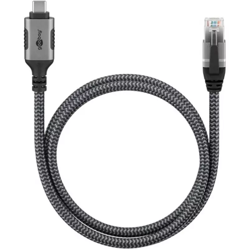 Ethernet-Kabel USB-C 3.2 Gen2 Stecker > RJ-45 Stecker, LAN-Adapter schwarz/Silber, 3 Meter, geflochtenes Textilmantel