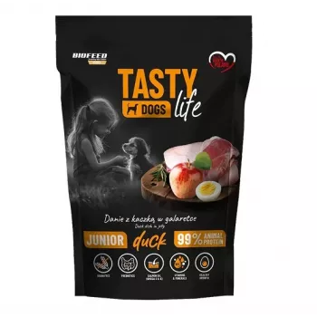 Nassfutter für Hunde BIOFEED Tasty Life junior 90% Ente 500 g — Alleinfuttermittel für das Wachstum, 11,5% Protein, 8,5% Fett