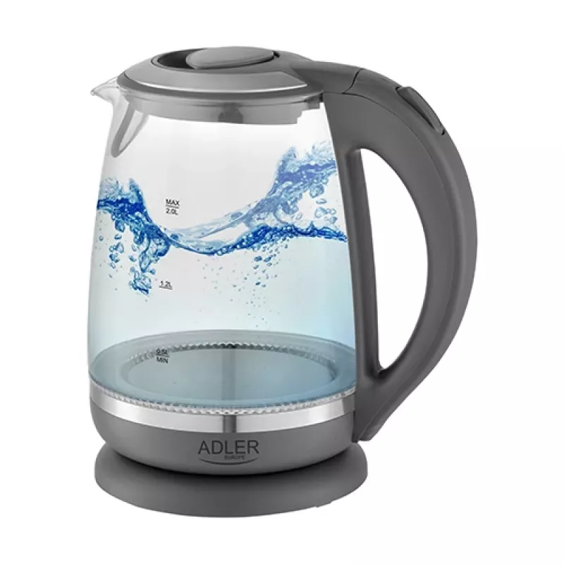 Adler | Wasserkocher | AD 1286 | Standard | 2200 W | 2 L | Kunststoff/Glas | 360° drehbare Basis | Grau/Transparent