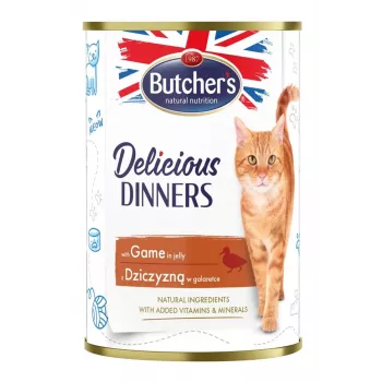 Nassfutter für Katzen butcher's Delicious Dinners 400 g — Ausgewachsen, Wildgeschmack, 82 % Feuchtigkeit, 8,5 % Protein, 5,5 % Fett