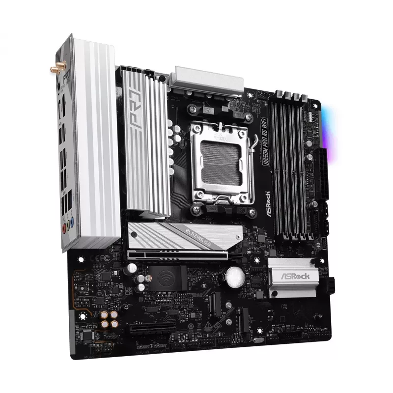 ASRock B850M Pro RS WiFi Mainboard — AMD B850, Socket AM5, microATX, DDR5, 4 DIMM, 256GB, Wi‑Fi 6E, 2.5Gb LAN, 3x M.2