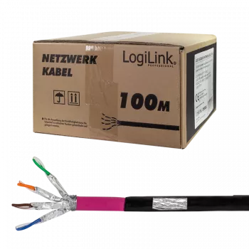 Logilink Professional - Kabeltrommel - 100 m - S/FTP - Cat.7 Rohkabel - halogenfrei, Außenbereich, Gigabit-Ethernet-Unterstützung, direkte Erdverlegung - Schwarz (CPV0082)