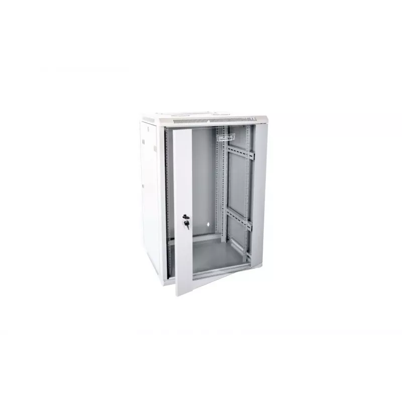 19 15U Wand-Netzwerkschrank 600x600, Glastür, grau, geteiltes Design, montiert, 60kg
