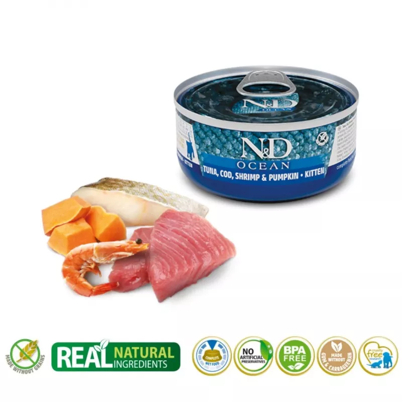 Nassfutter für Katzen Farmina N&D Ocean Kitten Thunfisch, Kabeljau & Garnelen mit Kürbis 70 g Dose