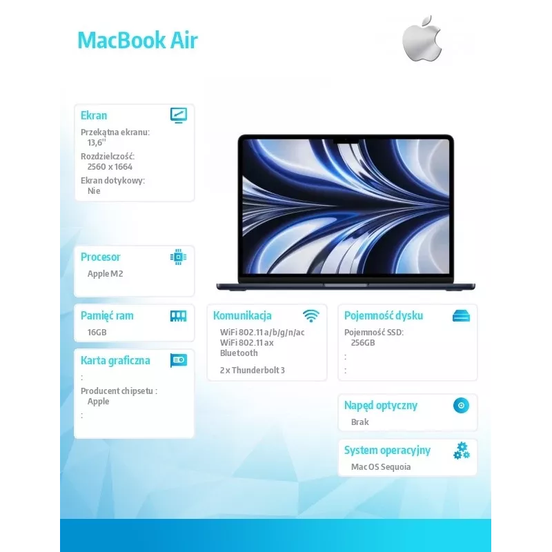 MacBook Air 13,6 : M2 8/8, 16 GB, 256 GB – Mitternacht