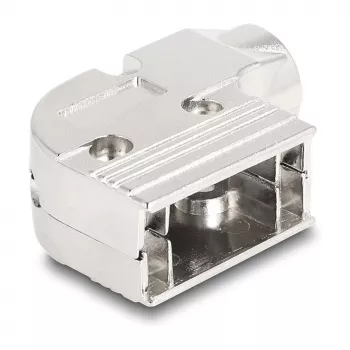 DELOCK D-Sub-Gehäuse 9‑polig abgewinkelt 90° Kabelzugentlastung, silberfarbener Kunststoff, 33×47×16 mm