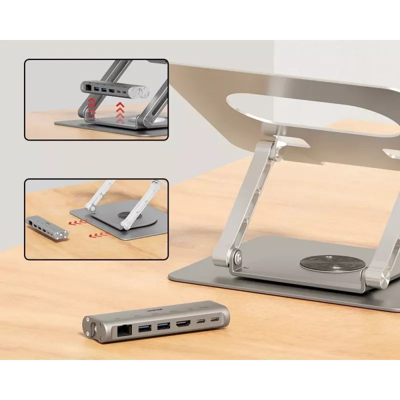 Laptopständer Unitek D1109B01 — verstellbarer Aluminiumständer mit abnehmbarem USB‑C HDMI 4K PD 100W, 2x USB‑A, RJ‑45, für bis zu 17 Zoll
