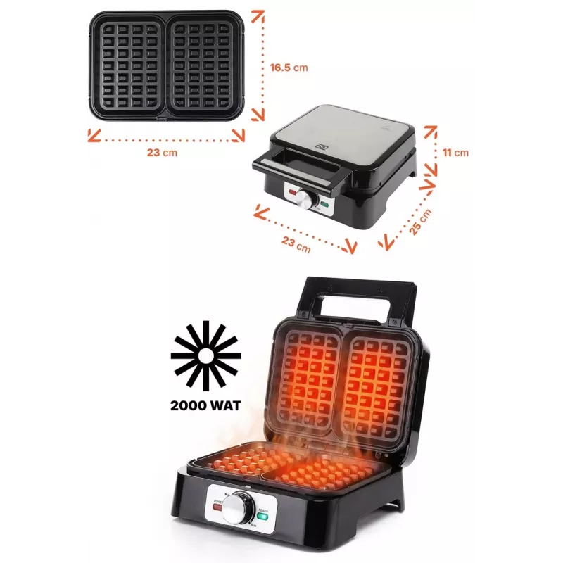 Waffeleisen PROMIS WAP1600 – 2-rechteckige Portionen Platten, 1200 W, antihaftbeschichtet, Thermostat, kühlbleibender Griff, LED-Anzeigen