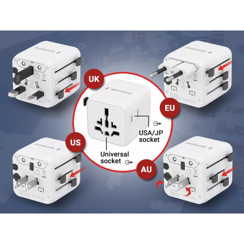 Universeller Reiseadapter GEMBIRD TPA-INT-01-W — Eingang 100–250 V, Typ-G-Stecker, kompakte Abmessungen 84×56×85 mm