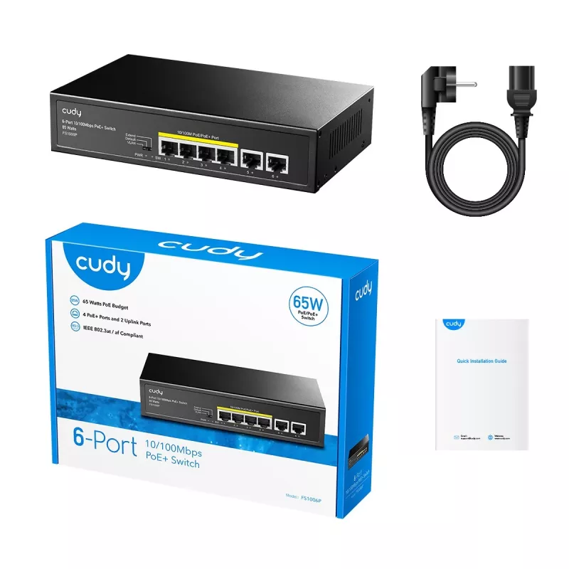 Netzwerk-Switch Cudy FS1006P Fast Ethernet 6-Port (4 PoE, 1 PoE+) 10/100 Mbit/s, 1,2 Gbit/s Bandbreite, Metallgehäuse, Rack-/Wandmontage