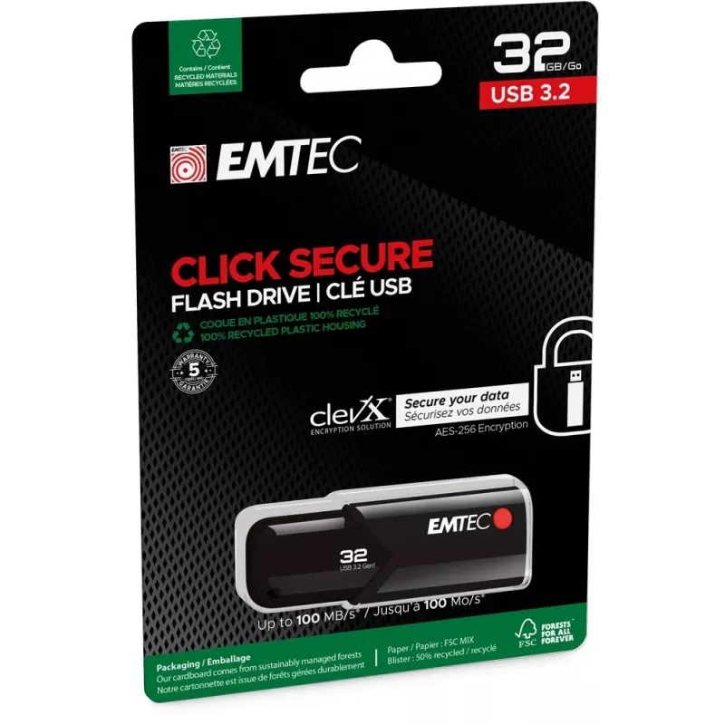 USB-Flash-Laufwerk EMTEC B120 Click Secure 32 GB USB Typ-A 3.2 Gen 2 (3.1 Gen 2) Schwarz