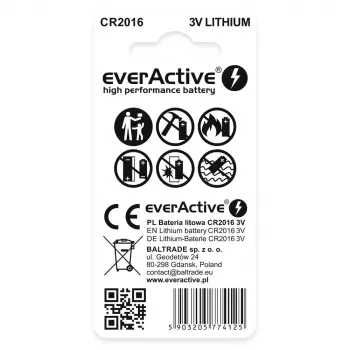 Lithium-Knopfzelle everActive CR2016 — 3 V, 20 mm Durchmesser, 1,6 mm Höhe, 2er-Pack