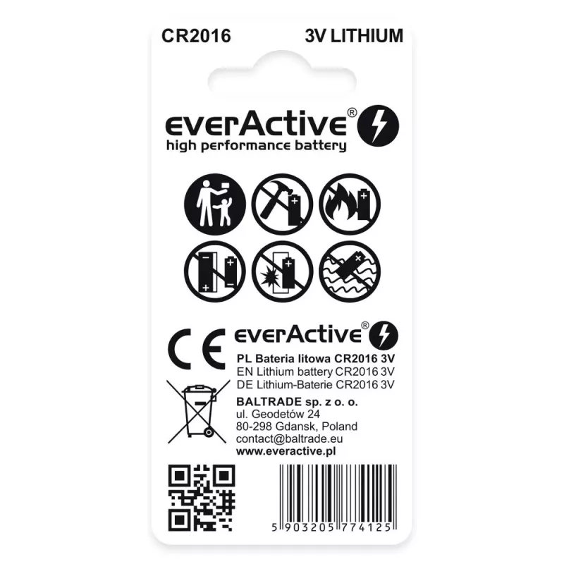 Lithium-Knopfzelle everActive CR2016 — 3 V, 20 mm Durchmesser, 1,6 mm Höhe, 2er-Pack