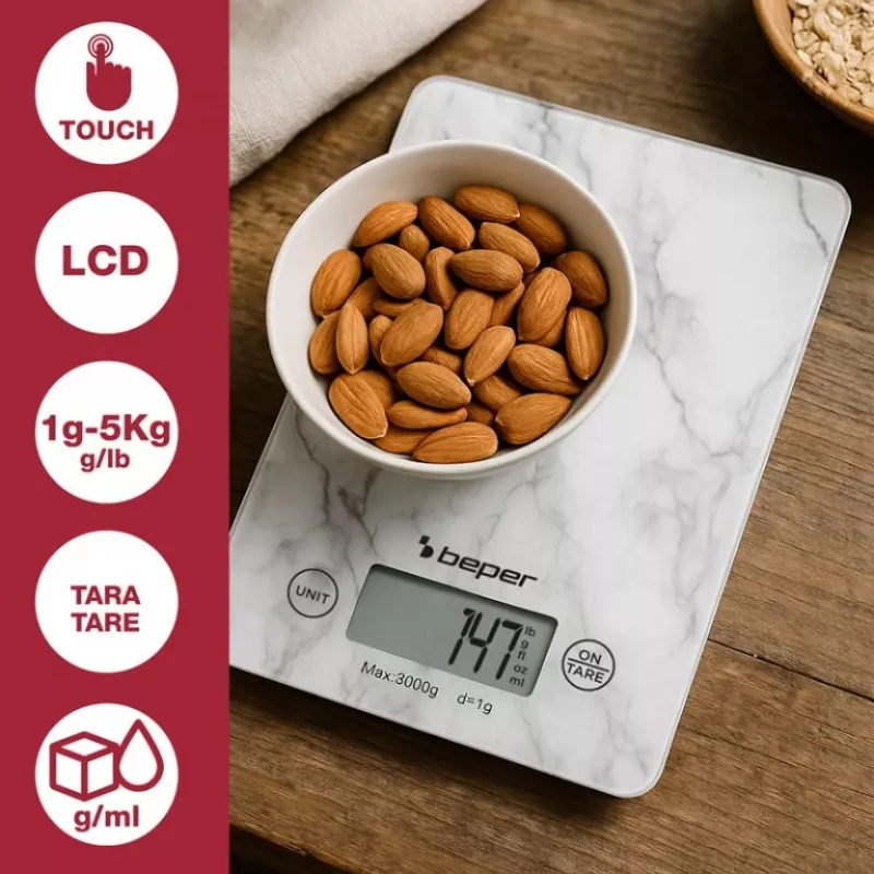 Küchenwaage Beper P102BIL004 - digital, 5 kg, 1 g, weißer Marmor