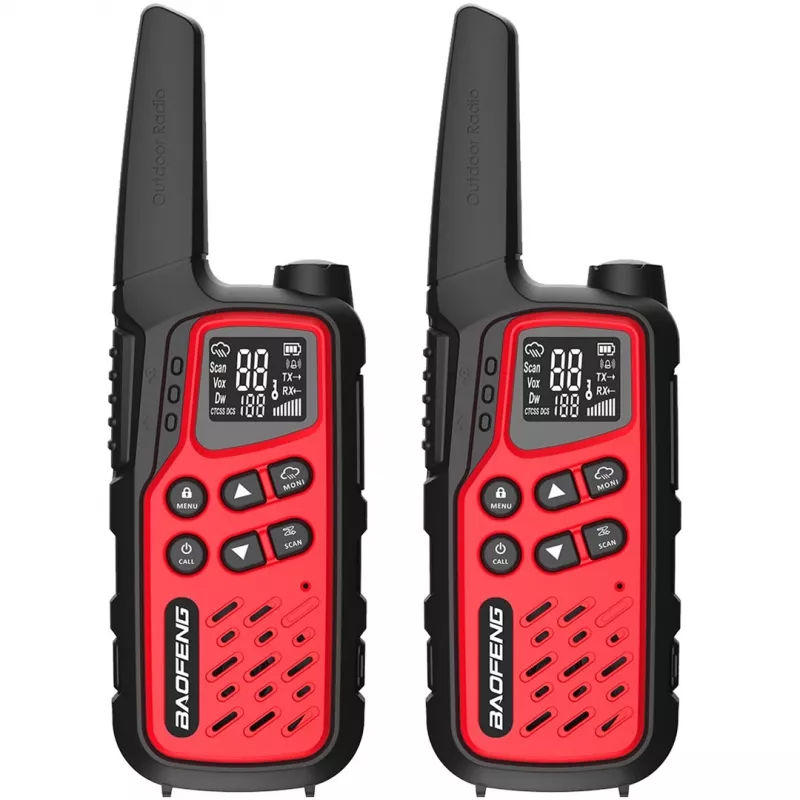 Tragbares Walkie-Talkie Baofeng BF-T25E — 16 Kanäle, 0,5 W, Li-Ion 1400 mAh, 2er-Set (rot)