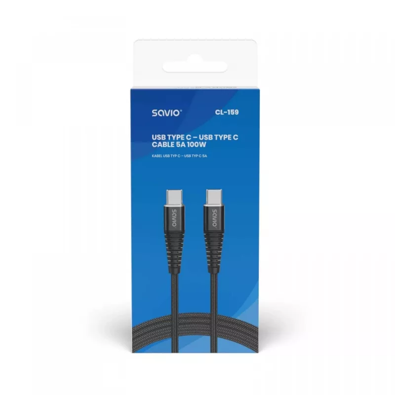 USB-C-zu-USB-C-Kabel SAVIO CL-159 1 m, USB 2.0 (480 Mbit/s), schwarz, 2,1 A
