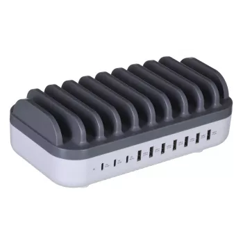 Manhattan Charging Station, 10x Ports: 3x USB-C (up to 18W PD) and 7x USB-A (up to 12W), 120W Total Output, White/Grau, Three Year Warranty