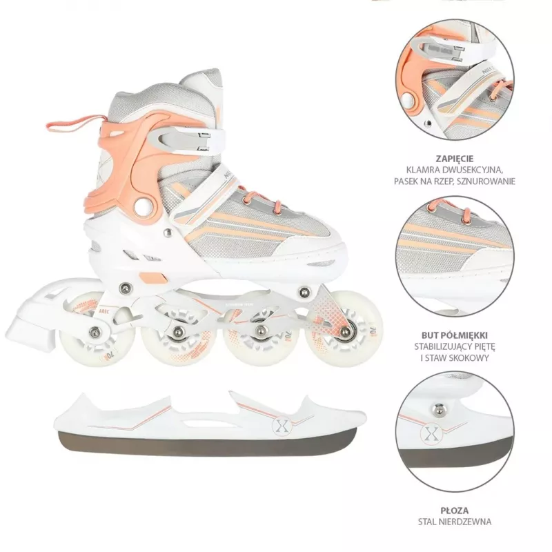 Nils Extreme NH18190 2IN1 Inline Skates WEISS/PINK GR. S (29-33) Mit austauschbaren Hockeyskates
