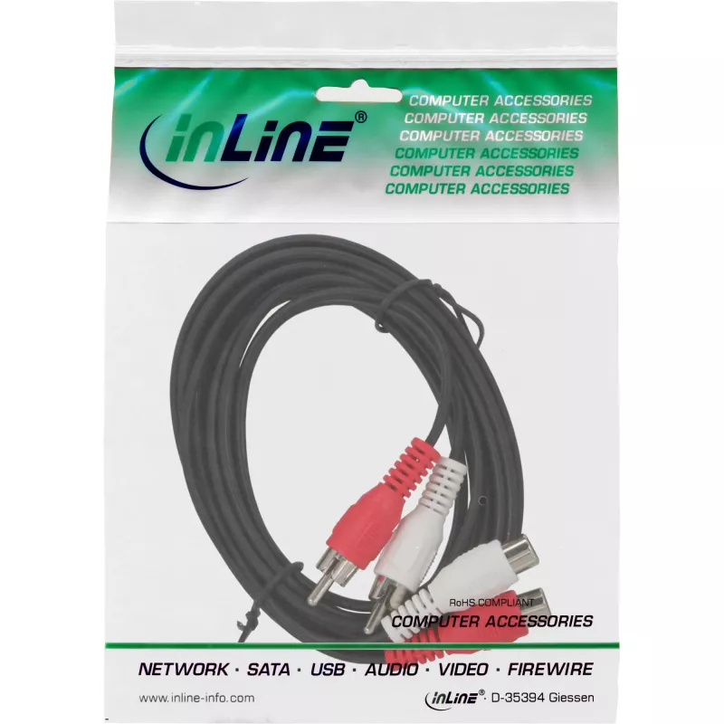 InLine Audiokabel 2x RCA Stecker / Buchse 20m, 2 x RCA, Stecker, 2 x RCA, Buchse, 20 m, Schwarz