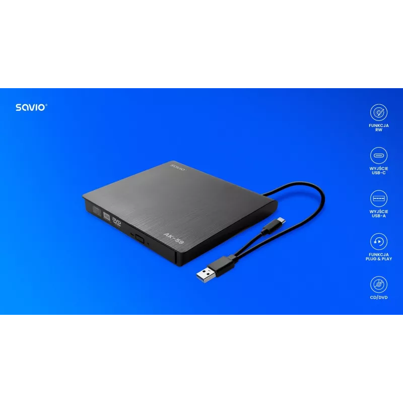 SAVIO AK-59 Externer schlanker CD/DVD-Brenner R/RW - USB-C/USB-A, schwarz