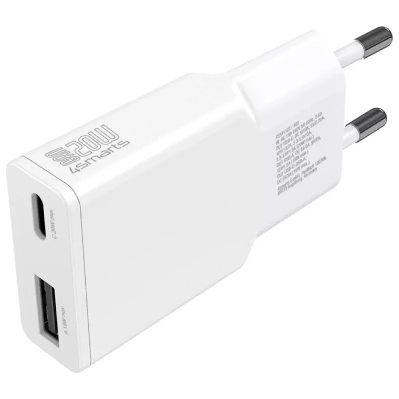 AC Indoor Mobile Device Charger 4smarts 541509 — 100–240V, USB-A + USB-C, 1.5 m Kabel, Schnellladung, Weiß
