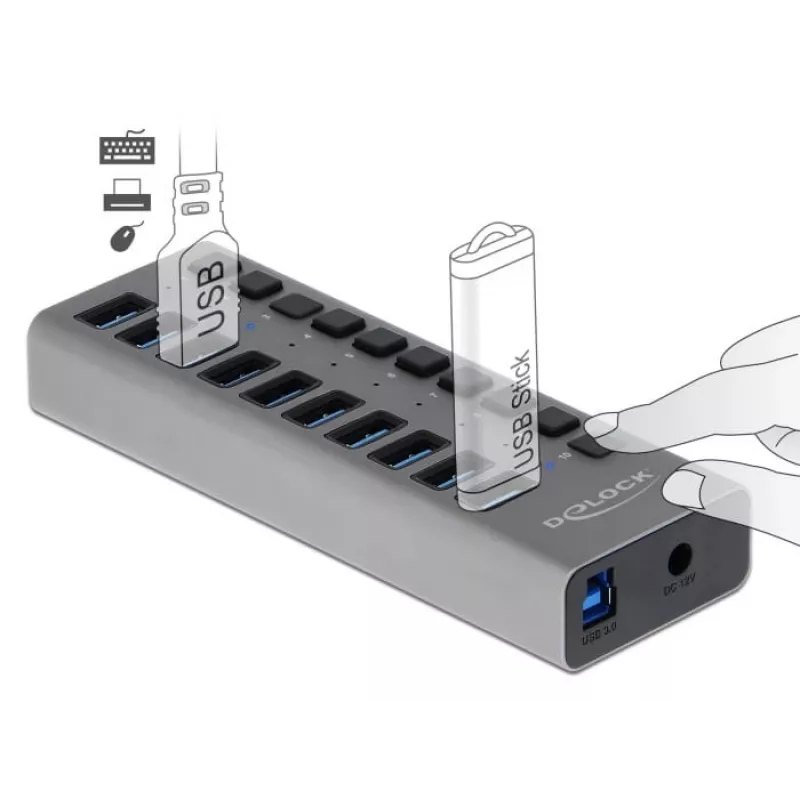 DeLOCK Externer 5 Gbps USB-Hub mit 10 Ports + Schalter