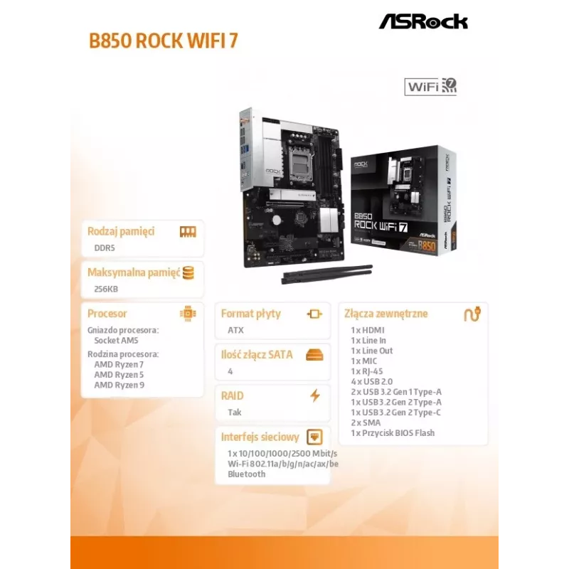 ASRock B850 Rock WiFi 7 Motherboard, AMD-Sockel AM5, ATX, DDR5, Wi-Fi 7