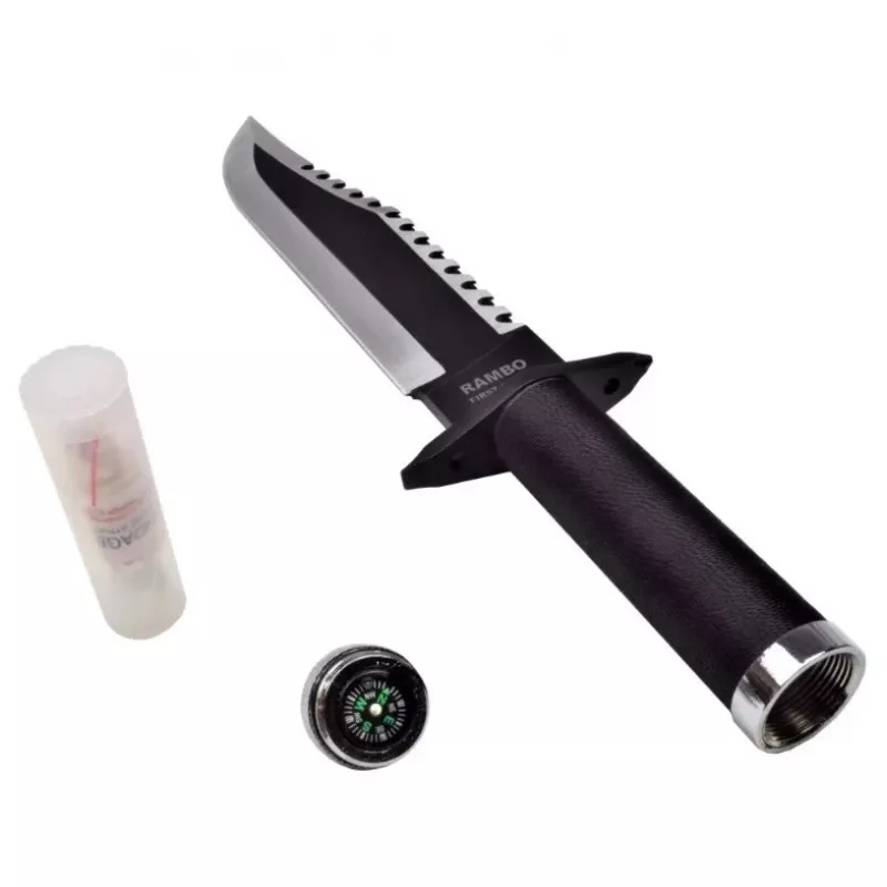 Feststehendes Überlebensmesser Cinema Classic CC-H2 — 400 mm Gesamtlänge, 250 mm Stahlklinge, glatt und gezahnt, schwarzer Griff, inklusive Lederscheide