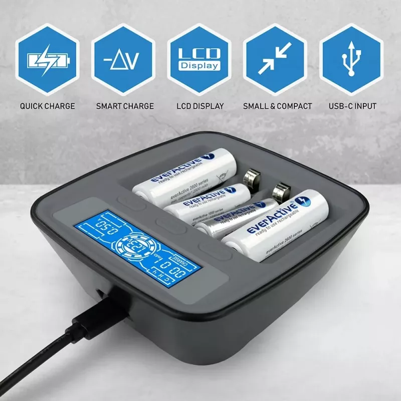 Batterieladegerät everActive NC1000MV2 – Ni-MH 4-Schacht USB-C Ladegerät, 4 Zellen, 5V, schwarz, 110×99×38 mm