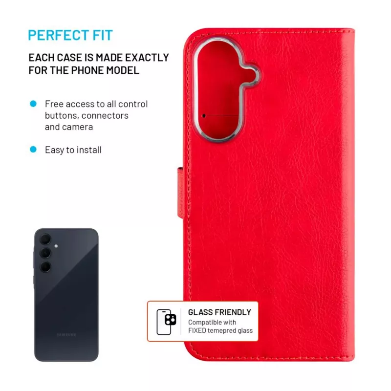 FIXED Leder-Buchetui für Samsung Galaxy A36 5G – rot, Front- und Rückseitenschutz, präzise Aussparungen