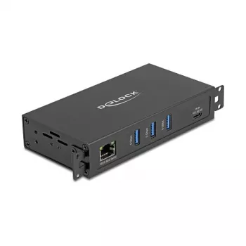 USB-Hub DELOCK 3-Port 5 Gbit/s mit RJ45 Gigabit PoE++ und USB Type-C-Host, Metallgehäuse, 1,5 kV Isolation, schwarz
