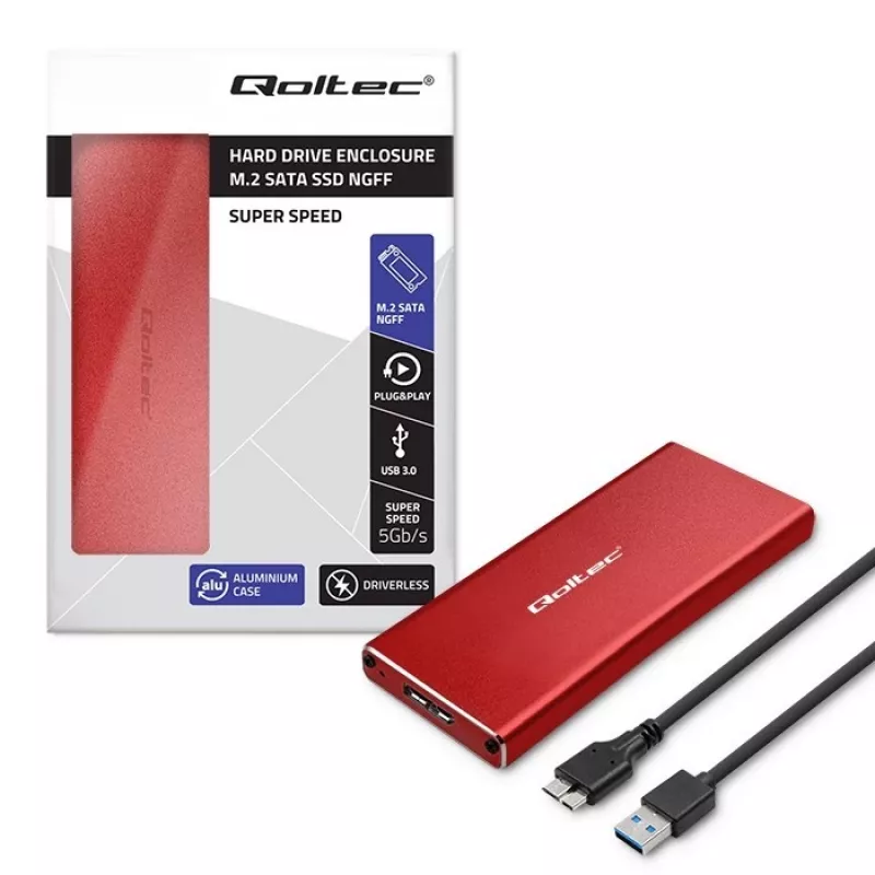 SSD-Gehäuse QOLTEC 51831 USB 3.0 für M.2 SATA-Laufwerke bis zu 2 TB, rot, unterstützt 30 mm Länge, bis zu 4 Laufwerke